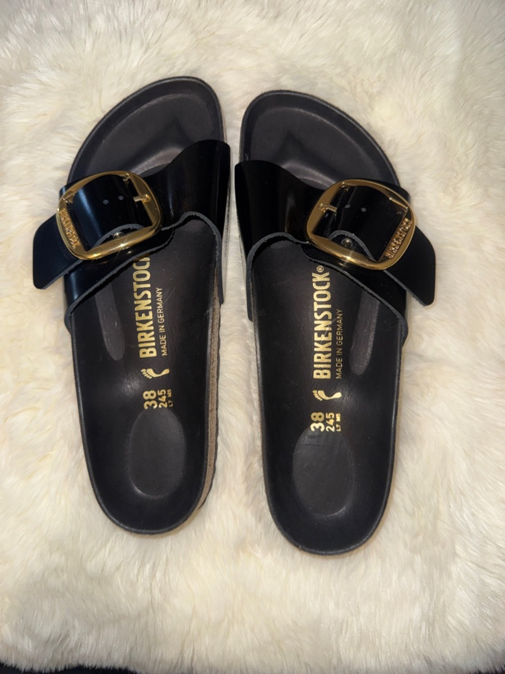 Birkenstock Women’s Black Madrid Slide Sandals with Gold Buckles